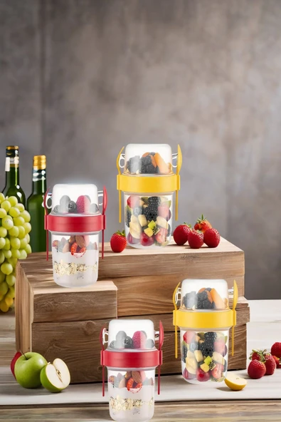 4 ADET Diyet & Kahvaltı için Çatal & Kaşıklı Kapaklı Yoğurt Müsli Salata Meyve Saklama Kabı - 1100ml - 2