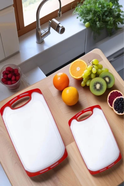 2'li Sert Plastik, Kaydırmaz, Kesme Panosu/ Kesme Tahtası Kırmızı&Beyaz - 4