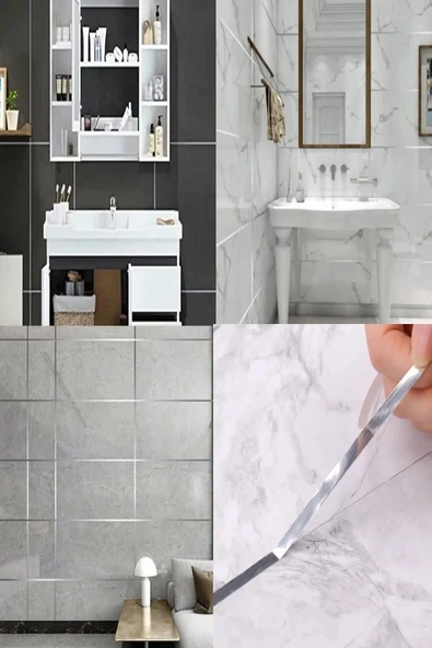 Fayans Arası Ve Duvarda Kullanılabilir 1 Cm 50 Metre Yapışkanlı Gümüş 50 Metre Şerit Bant - 5