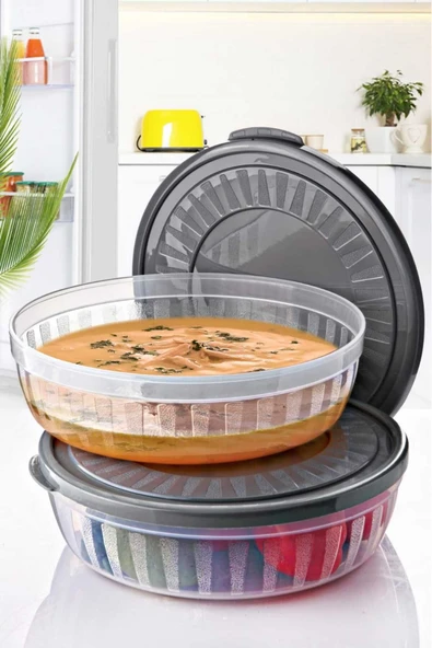 2 Adet Piknik Kamp Seyahat Saklama Kutusu | 4 lt Yuvarlak Saklama Kutusu Şeffaf Kapak - 2