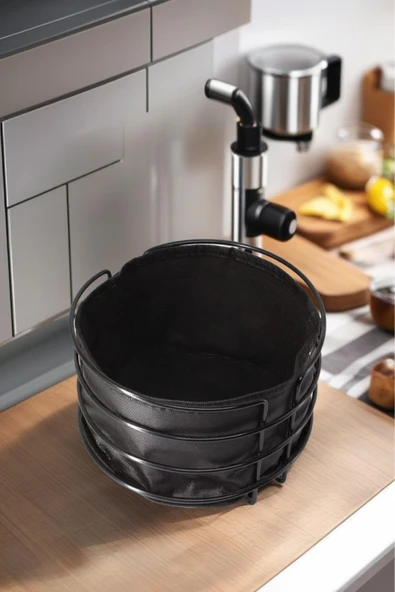 1 Adet Ekmek Sepeti Metal Siyah Şeritli Siyah Kumaş Yuvarlak - 2