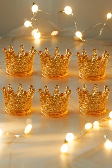6'lı Set Kristal Taç Mumluk Gold