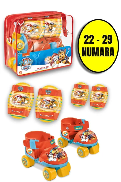 Paw Patrol Çantalı Dizlik ve Dirseklikli 4 Teker Paten Seti-Kırmızı- (22-29 Numara Ayarlanabilir)
