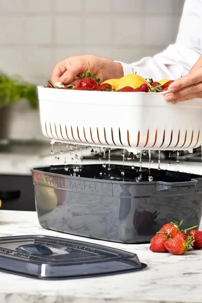 Dikdörtgen Tencere Model Süzgeçli Meyve - Sebze Saklama Kabı Antrasit - 2