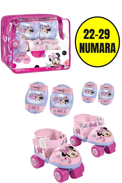 Minnie Çantalı Dizlik ve Dirseklikli 4 Teker Paten Seti -Pembe- (22 - 29 Numara için Ayarlanabilir)