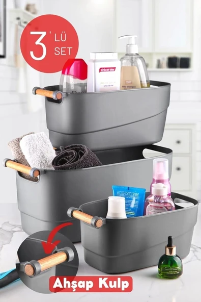 3'lü Set Ahşap Kulplu Çok Amaçlı Banyo,mutfak,çekmece Içi Düzenleyici Retro Sepet Antrasit