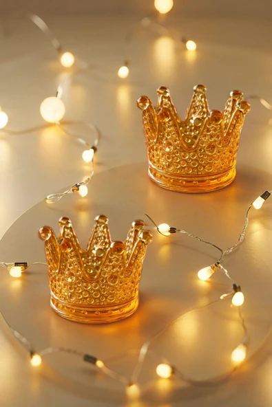 2'li Set Kristal Taç Mumluk Gold - 3