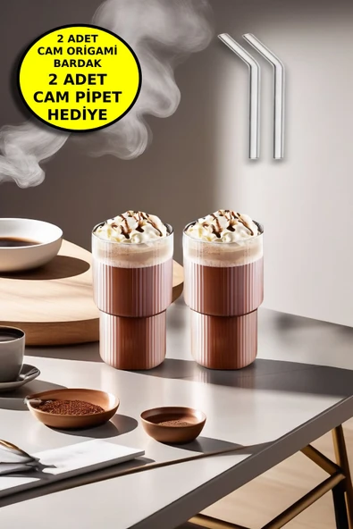 2'li Origami Cam Model Borosilikat Soğuk Kahve Kokteyl Meşrubat Bardak 300 Ml-2'li Cam Pipet Hediye