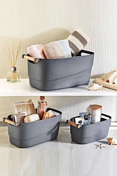 3'lü Set Ahşap Kulplu Çok Amaçlı Banyo,mutfak,çekmece Içi Düzenleyici Retro Sepet Antrasit - 2