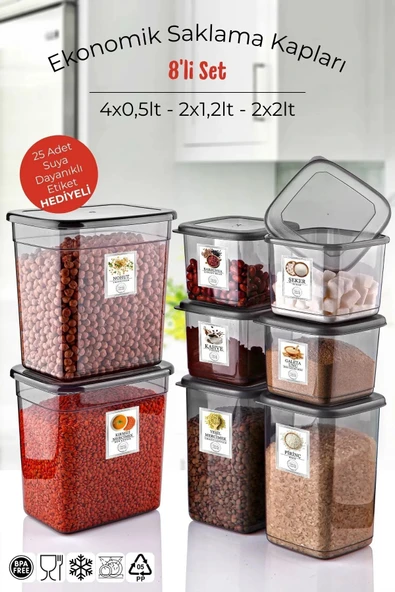 8'li Set Saklama Kabı – Antrasit Renkli, Pratik ve Şık 2x2lt-2x1,2lt-4x550 ML