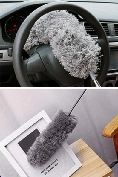 140 Cm Teleskopik Uzatılabilir Mikrofiber Yumuşak Başlıklı Gri Toz Alma Fırçası Püskülü - 8