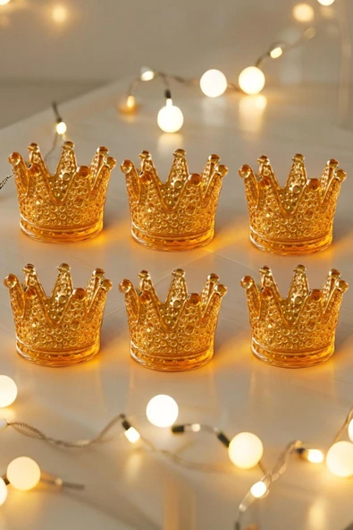 6'lı Set Kristal Taç Mumluk Gold - 3