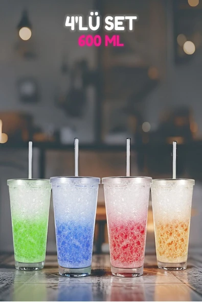 4'lü Pipetli Cool Bardaklar, Soğuk Kahve, Meşrubat, Kokteyl Bardakları