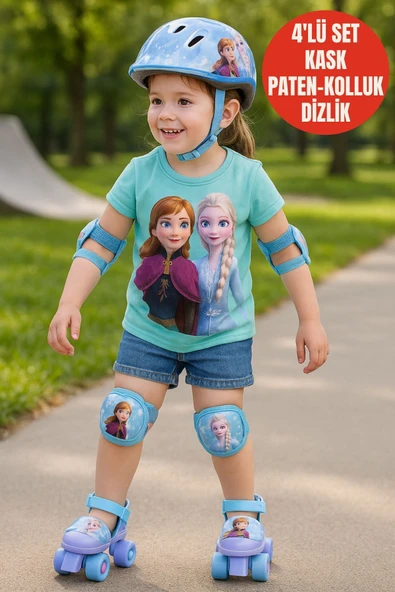 Frozen Çantalı Kasklı, Dizlik ve Dirseklikli 4 Teker Paten Seti-Mor-22-29 Numara için Ayarlanabilir