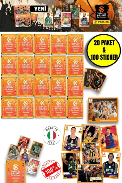 Panini 2024-25 Turkish Airlines Euroleague Sticker 20 Paket  (100 Adet Sticker)