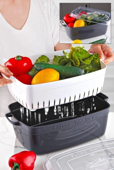 Dikdörtgen Tencere Model Süzgeçli Meyve - Sebze Saklama Kabı Antrasit
