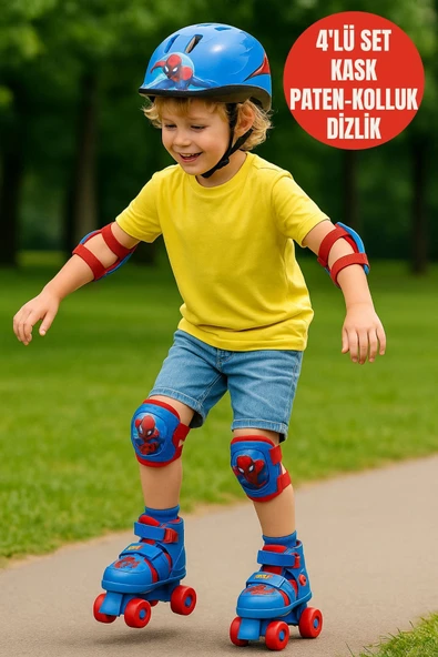 Spiderman Çantalı Kask, Dizlik ve Dirseklikli 4 Teker Paten Seti - 22 - 29 Numara için Ayarlanabilir