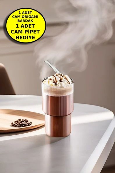 1 Adet Origami Cam Borosilikat Soğuk Kahve Kokteyl Meşrubat Bardak 300 Ml-1 Adet Cam Pipet Hediye