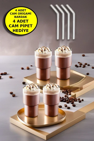 4'lü Origami Cam Model Borosilikat Soğuk Kahve Kokteyl Meşrubat Bardak 300 Ml-4'lü Cam Pipet Hediye