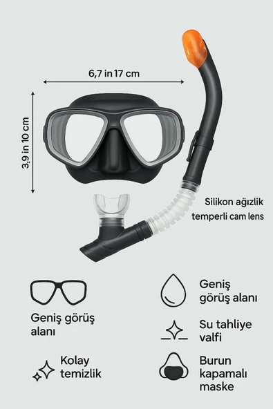 AquaPro Şnorkel + Maske Seti - Havuz-Deniz Maske ve Şnorkel Set + 14 Yaş - 6