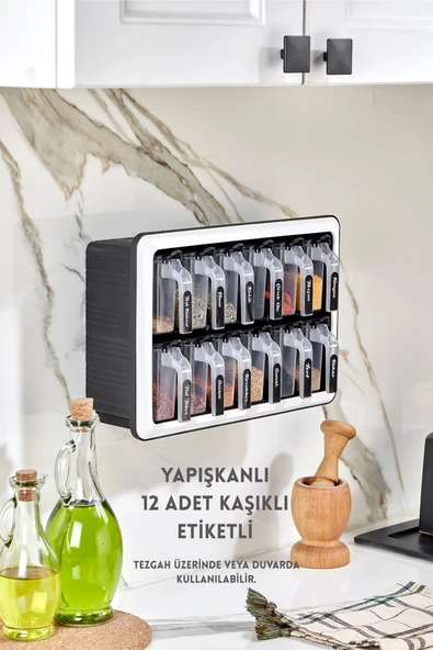 Standplus 12'li Yapışkanlı - Kaşıklı - Standlı Baharatlık Seti (Etiket Hediyeli)