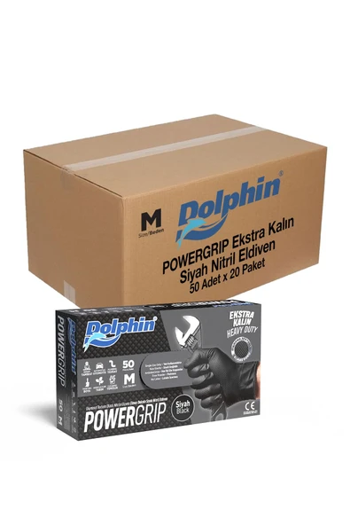 Süpertrend  Dolphin Powergrip Ekstra Kalın Siyah Nitril Eldiven Elmas Dokulu M 50 adet X 20 Paket - Koli