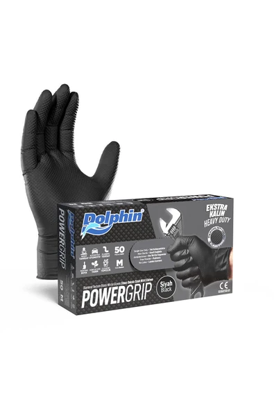 Süpertrend  Dolphin Powergrip Ekstra Kalın Siyah Nitril Eldiven Elmas Dokulu M 50 adet