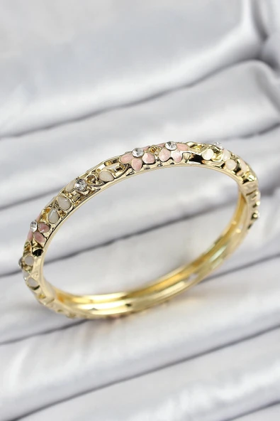 MuI MuI Mineli Pirinç Pembe Krem Çiçek Motifli Kadın Kelepçe ürün görseli 1