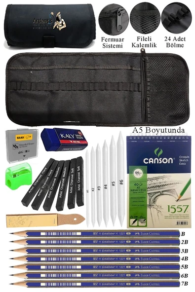 A5 Telli Eskiz Defteri Canson 1557 Kömür Kalem Karakalem Rulo Kalemlik Siyah 24 Bölmeli Dereceli Kalem Gölgeleme Dağıtma