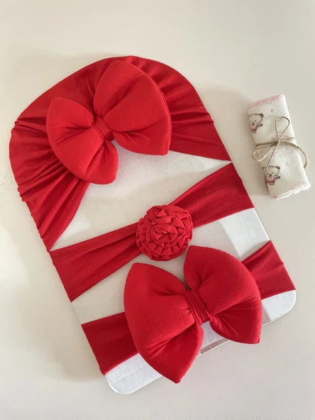 Kız Bebek Bone Seti & Kız Bebek Saç Bandı Seti/ Kız Bebek Fiyonklu Bone Fiyonklu Bandana Set ürün görseli 1