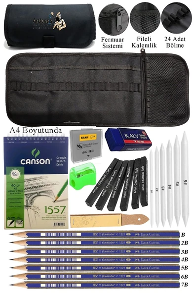 A4 Telli Eskiz Defteri Canson 1557 Kömür Kalem Karakalem Rulo Kalemlik Siyah 24 Bölmeli Dereceli Kalem Gölgeleme Dağıtma
