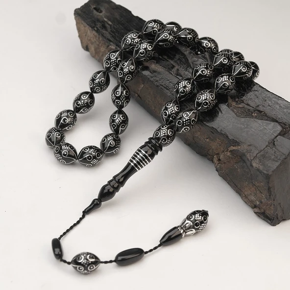 Oltu Taşı Ötr İşleme On İkili Damal İşlemeli Tespih - Resim 3