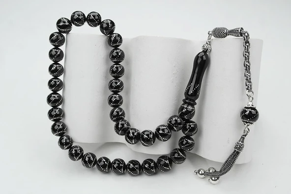 Oltu Taşı Küre  Model Çemberli Burgu İşlemeli Tespih - Resim 5