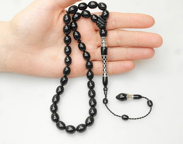 Oltu Taşı Kare Baklava Desenli  İmame Gümüş İşleme Sade Tespih - Resim 4