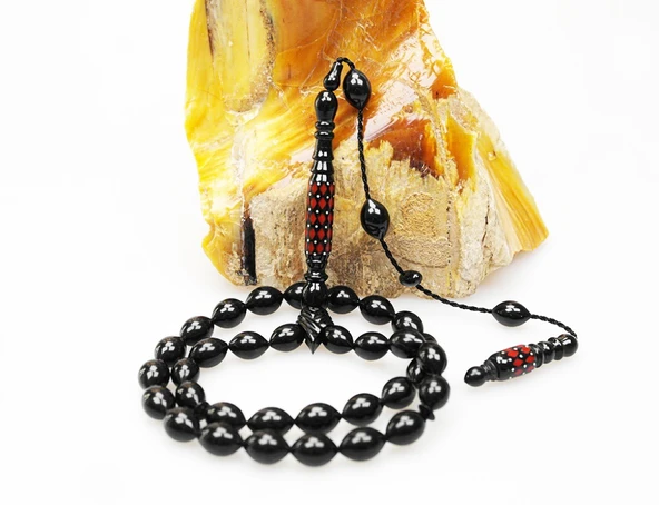 Oltu Taşı Oyma İmame ve Kırmızı Mine İşleme  Sade Tespih - Resim 2