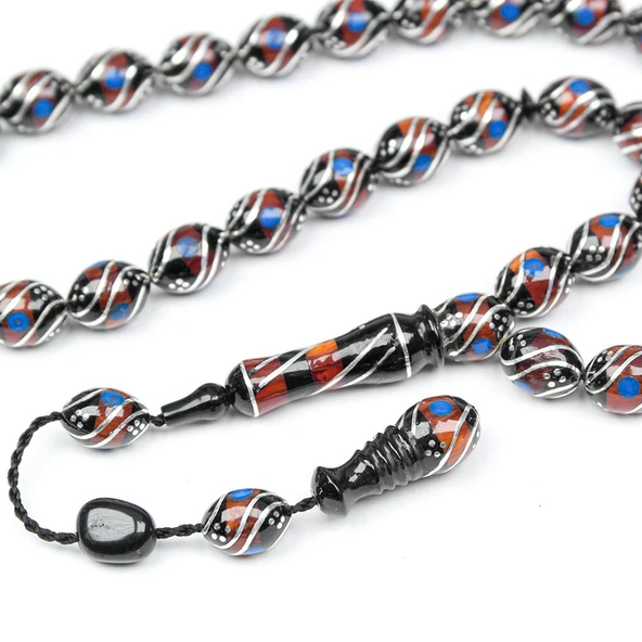 Oltu Taşı ve Galalith Beyzi Çift Çeşmi İşlemeli Tespih - Resim 3