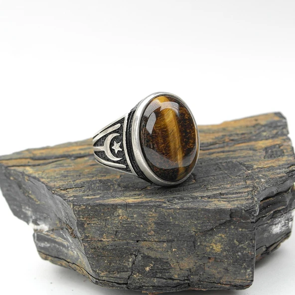 Ayyıldız Kayı Boyu  Desenli  Model  Kaplangözü Taşlı ErkekYüzük - Resim 4