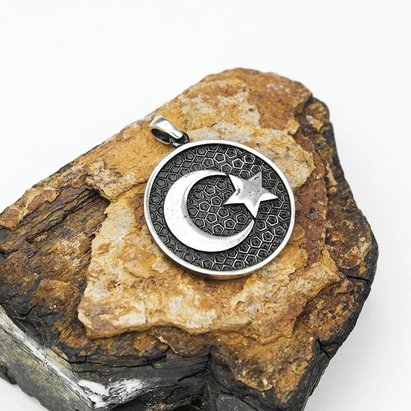 Gümüş Ayyıldız Kabartma  Model Erkek Kolye - Resim 3