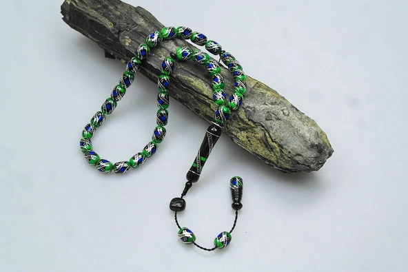 Oltu Taşı ve Yeşil Galalith  Çift Çeşmi İşlemeli Tespih - Resim 2