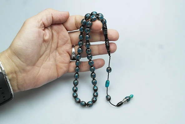 Oltu Taşı ve Turkuaz Mineli Damla Tespih - Resim 3