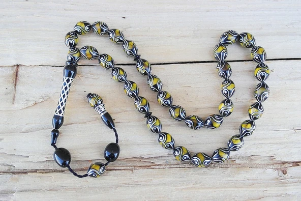 Oltu Taşı ve Sarı Galalith Çeşmi Damla İşleme Tespih - Resim 2