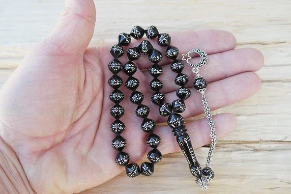 Oltu Taşı Şalgami Kesim Taç İşleme İşlemeli Tespih - Resim 3