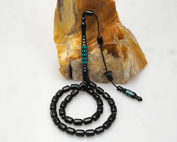 Oltu Taşı Oyma İmame ve Mavi Mine İşleme  Sade Tespih - Resim 2