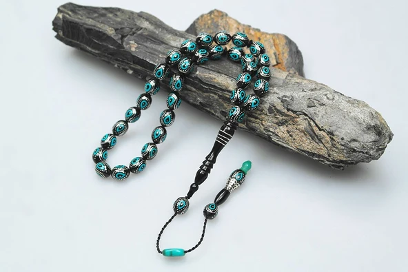 Oltu Taşı ve Turkuaz Mineli Damla Tespih - Resim 2