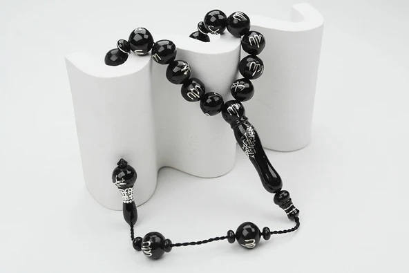 Oltu Taşı ALLAH MUHAMMET  Arapça El İşçiliği Tespih - Resim 4