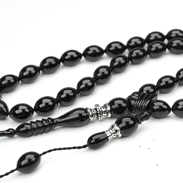 Oltu Taşı Beyzi Kesim Gümüş Nakkaş Oyma İmame Tespih - Resim 2