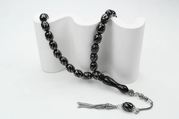 Oltu Taşı Beyzi Çemberli Burgu İşlemeli Tespih - Resim 3