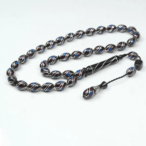 Oltu Taşı ve  Kırmızı Galalith Çift Çeşmi İşlemeli Tespih ürün görseli