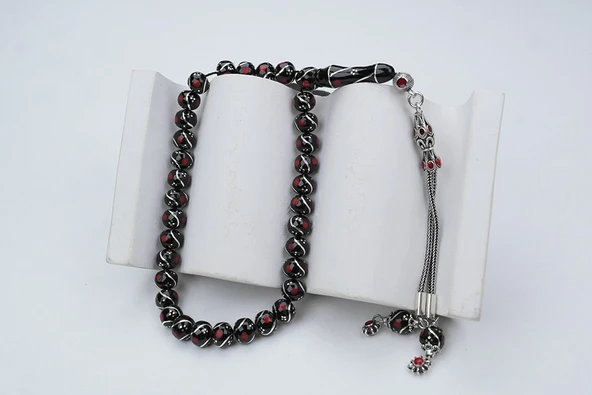 Oltu Taşı Küre Model Üçlü Çeşmi Bülbül  Kırmızı İşlemeli  Bürokrat Boy Tespih - Resim 4