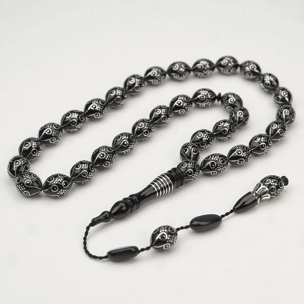 Oltu Taşı Ötr İşleme On İkili Damal İşlemeli Tespih - Resim 4